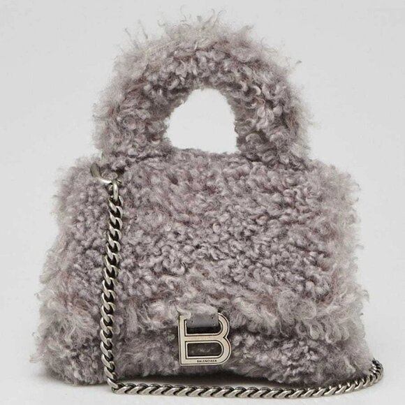 Balenciaga Grey Fluffy Shearling Mini Hourglass Chain Crossbody Bag - Picture 1 of 10
